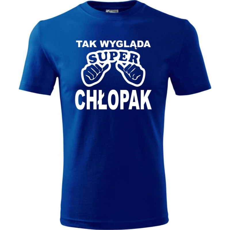 Niebieska Męska koszulka - Tak wygląda super chłopak | prezent dla niego na dzień chłopaka, urodziny, święta, Mikołaj. Dostępne wszystkie rozmiary S, M, L, XL, XXL, XXXL, XXXXL. Zapraszamy do zakupu.