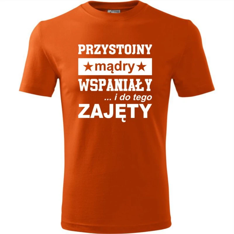 Pomarańczowa Męska koszulka - Przystojny, mądry, wspaniały - prezent dla chłopaka. Dostępne wszystkie rozmiary S, M, L, XL, XXL, XXXL, XXXXL. Zapraszamy do zakupu.