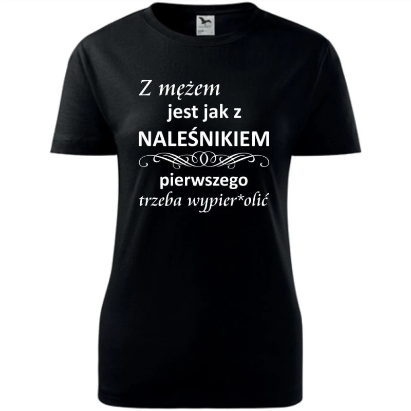 Czarna Damska koszulka taliowana - Z mężem jak z naleśnikiem.