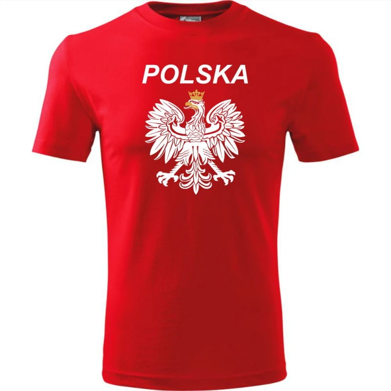 Czerwona Męska koszulka - Polska 02 z orłem. Dostępne wszystkie rozmiary S, M, L, XL, XXL, XXXL, XXXXL. Zapraszamy do zakupu.