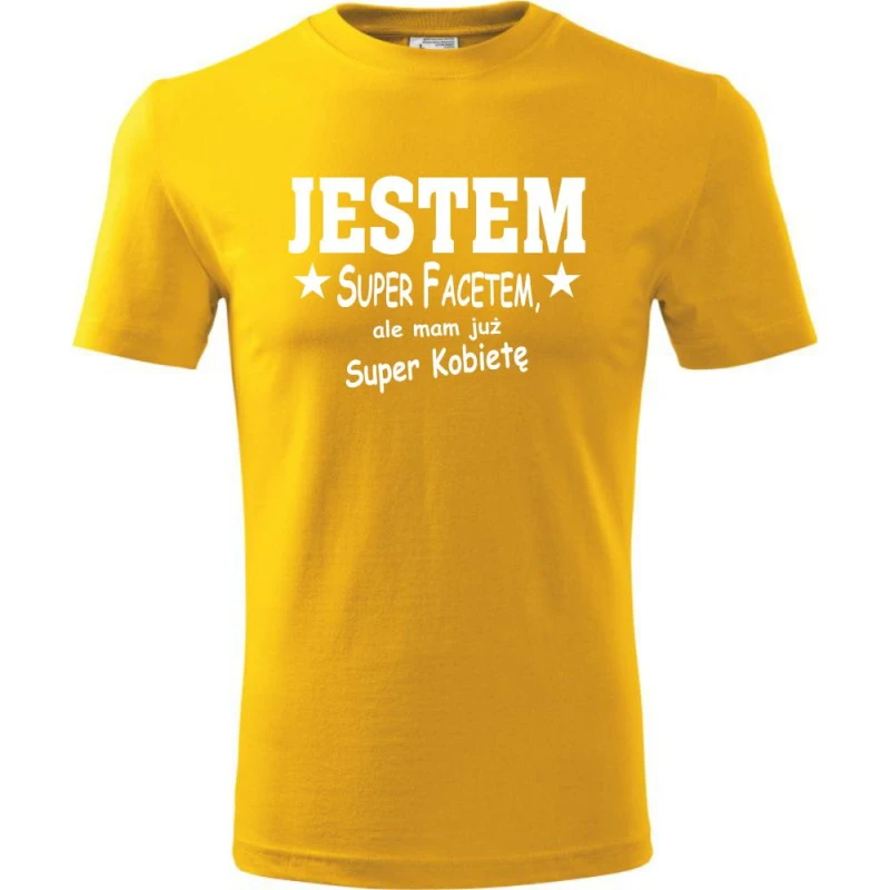 Żółta Męska koszulka - Jestem super facetem. Dostępne wszystkie rozmiary S, M, L, XL, XXL, XXXL, XXXXL. Zapraszamy do zakupu.