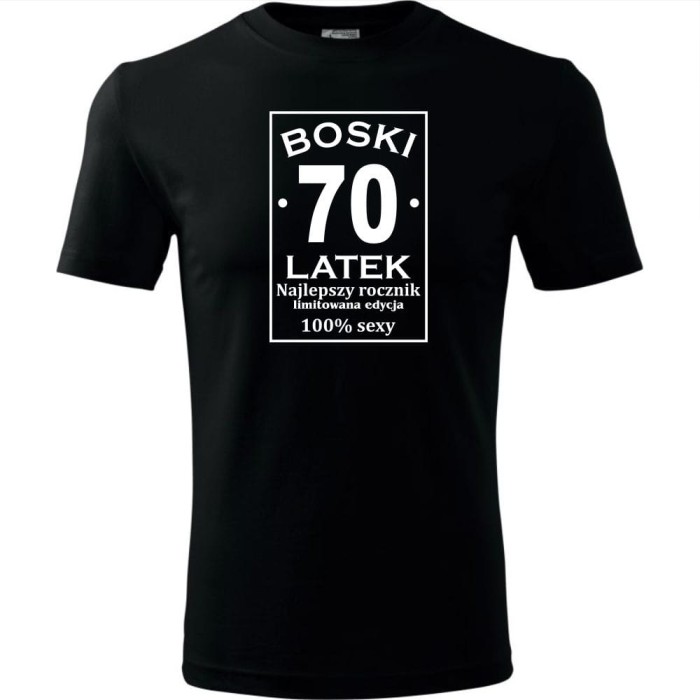 czarna Męska koszulka - boski 70 latek.
