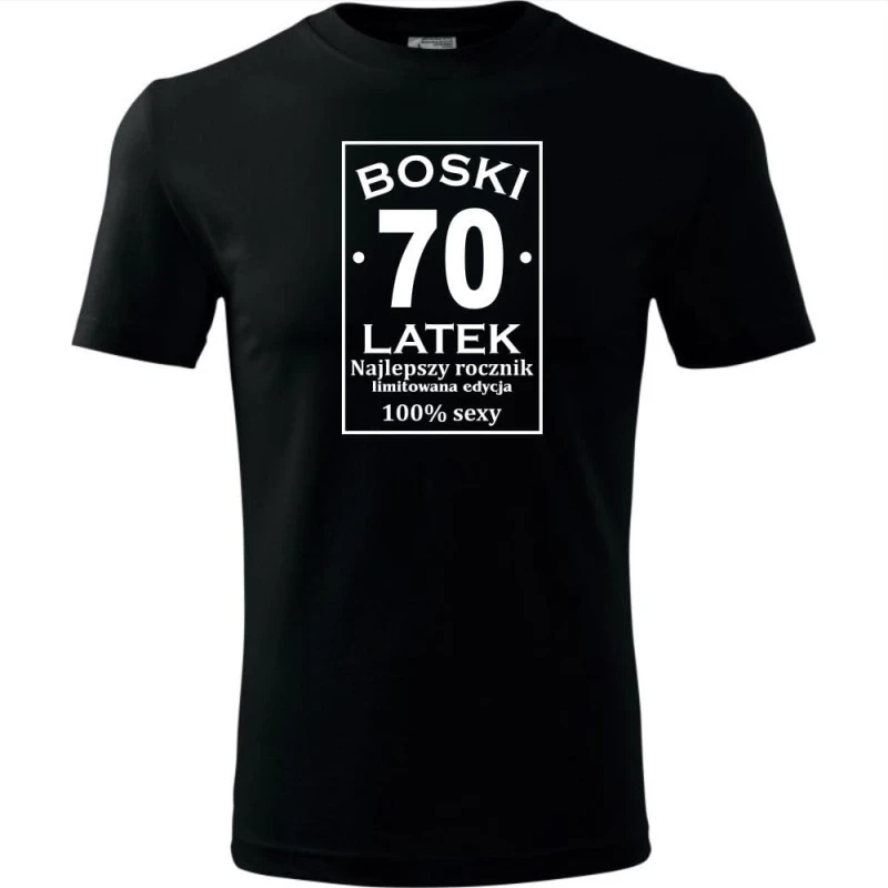 czarna Męska koszulka - boski 70 latek.