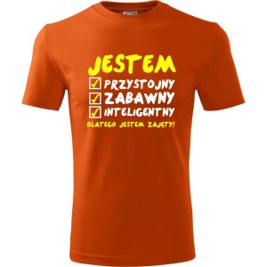 Pomarańczowa Męska koszulka - Jestem Przystojny 02 - dla chłopaka. Dostępne wszystkie rozmiary S, M, L, XL, XXL, XXXL, XXXXL. Zapraszamy do zakupu.