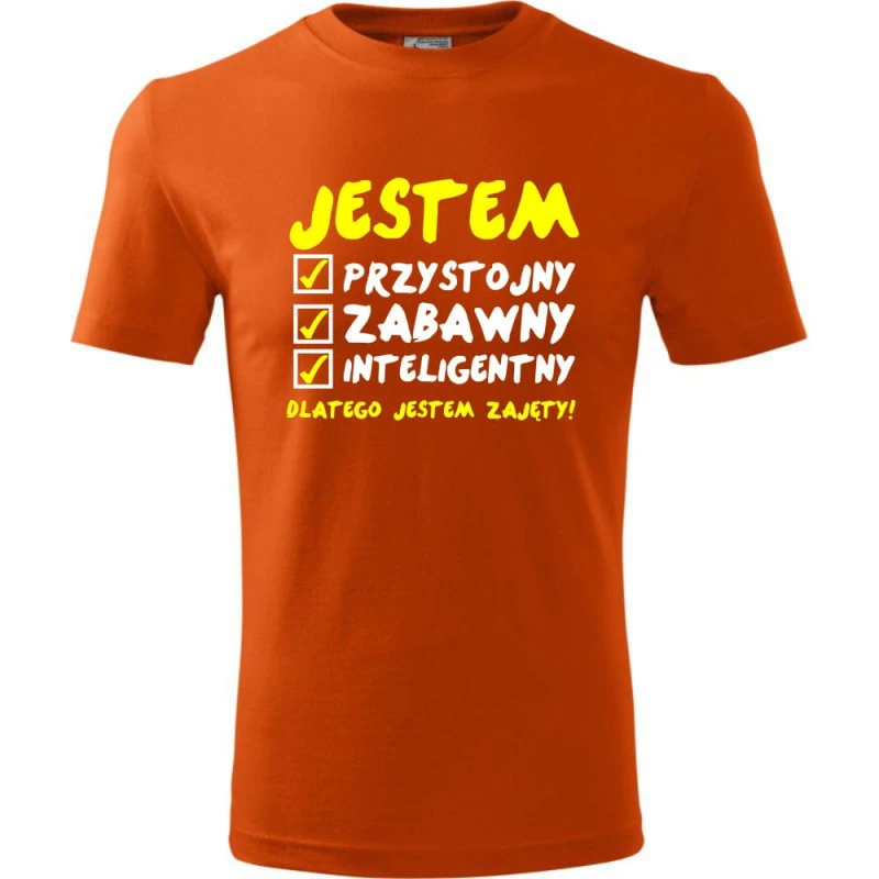 Pomarańczowa Męska koszulka - Jestem Przystojny 02 - dla chłopaka. Dostępne wszystkie rozmiary S, M, L, XL, XXL, XXXL, XXXXL. Zapraszamy do zakupu.