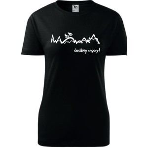 Czarna Damska koszulka taliowana Turystyczna - Chodźmy w góry. Dostępne wszystkie rozmiary XS, S, M, L, XL, XXL. Zapraszamy do zakupu.