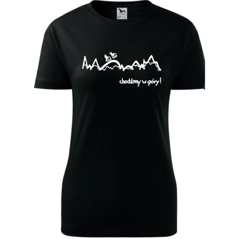 Czarna Damska koszulka taliowana Turystyczna - Chodźmy w góry. Dostępne wszystkie rozmiary XS, S, M, L, XL, XXL. Zapraszamy do zakupu.