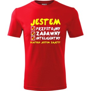 Czerwona Męska koszulka - Jestem Przystojny 02 - dla chłopaka. Dostępne wszystkie rozmiary S, M, L, XL, XXL, XXXL, XXXXL. Zapraszamy do zakupu.