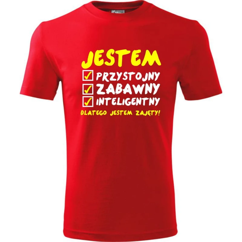 Czerwona Męska koszulka - Jestem Przystojny 02 - dla chłopaka. Dostępne wszystkie rozmiary S, M, L, XL, XXL, XXXL, XXXXL. Zapraszamy do zakupu.