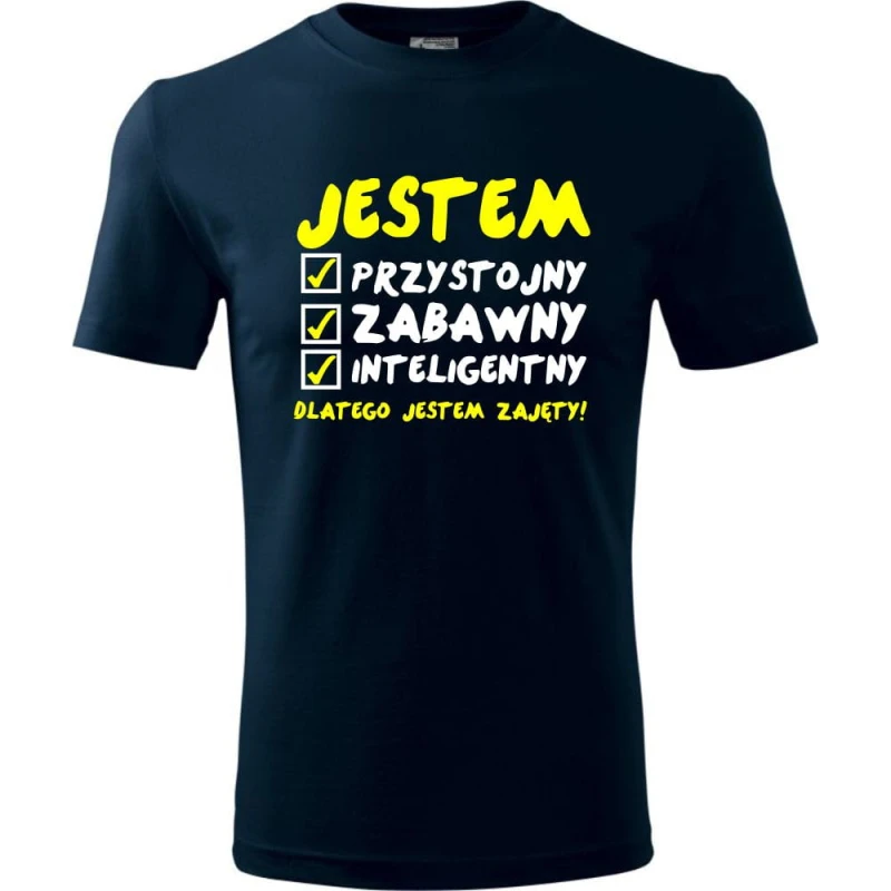 Granatowa Męska koszulka - Jestem Przystojny 02 - dla chłopaka. Dostępne wszystkie rozmiary S, M, L, XL, XXL, XXXL, XXXXL. Zapraszamy do zakupu.