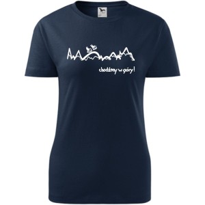 Granatowa Damska koszulka taliowana Turystyczna - Chodźmy w góry. Dostępne wszystkie rozmiary XS, S, M, L, XL, XXL. Zapraszamy do zakupu.
