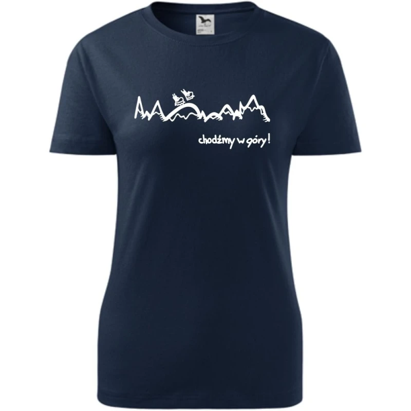 Granatowa Damska koszulka taliowana Turystyczna - Chodźmy w góry. Dostępne wszystkie rozmiary XS, S, M, L, XL, XXL. Zapraszamy do zakupu.