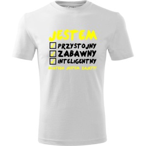 Biała Męska koszulka - Jestem Przystojny 02 - dla chłopaka. Dostępne wszystkie rozmiary S, M, L, XL, XXL, XXXL, XXXXL. Zapraszamy do zakupu.