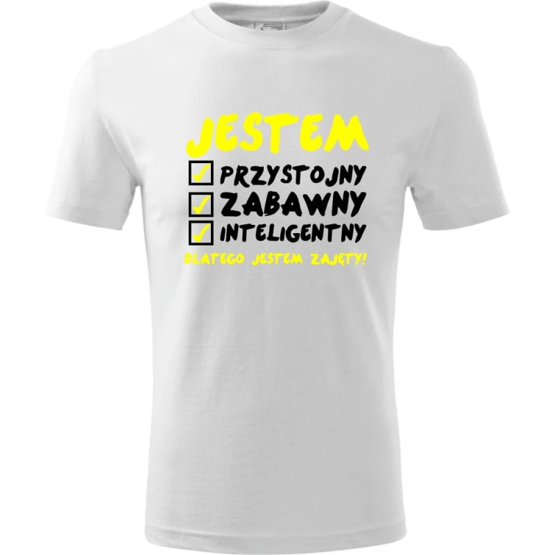 Biała Męska koszulka - Jestem Przystojny 02 - dla chłopaka. Dostępne wszystkie rozmiary S, M, L, XL, XXL, XXXL, XXXXL. Zapraszamy do zakupu.