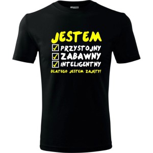 Czarna Męska koszulka - Jestem Przystojny 02 - dla chłopaka. Dostępne wszystkie rozmiary S, M, L, XL, XXL, XXXL, XXXXL. Zapraszamy do zakupu.