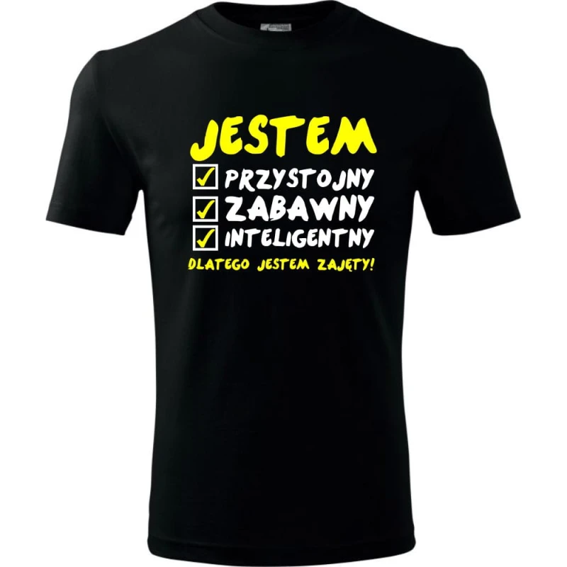 Czarna Męska koszulka - Jestem Przystojny 02 - dla chłopaka. Dostępne wszystkie rozmiary S, M, L, XL, XXL, XXXL, XXXXL. Zapraszamy do zakupu.