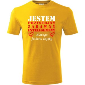 Żółta Męska koszulka - Jestem Przystojny, zabawny, inteligentny, dlatego jestem zajęty. Prezent na dzień chłopaka, urodziny, święta. Dostępne wszystkie rozmiary S, M, L, XL, XXL, XXXL, XXXXL. Zapraszamy do zakupu.