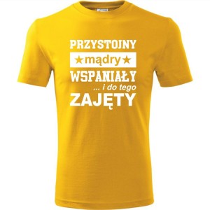 Żółta Męska koszulka - Przystojny, mądry, wspaniały - prezent dla chłopaka. Dostępne wszystkie rozmiary S, M, L, XL, XXL, XXXL, XXXXL. Zapraszamy do zakupu.