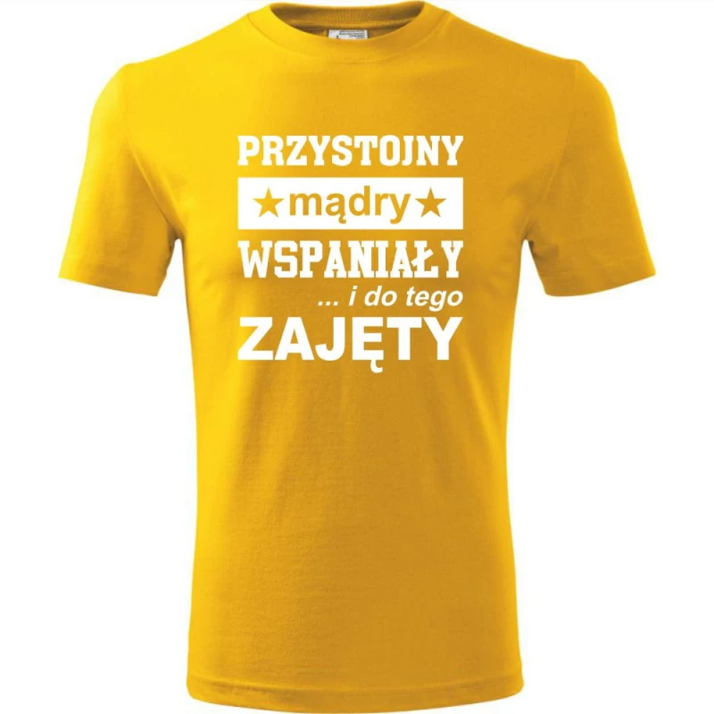 Żółta Męska koszulka - Przystojny, mądry, wspaniały - prezent dla chłopaka. Dostępne wszystkie rozmiary S, M, L, XL, XXL, XXXL, XXXXL. Zapraszamy do zakupu.