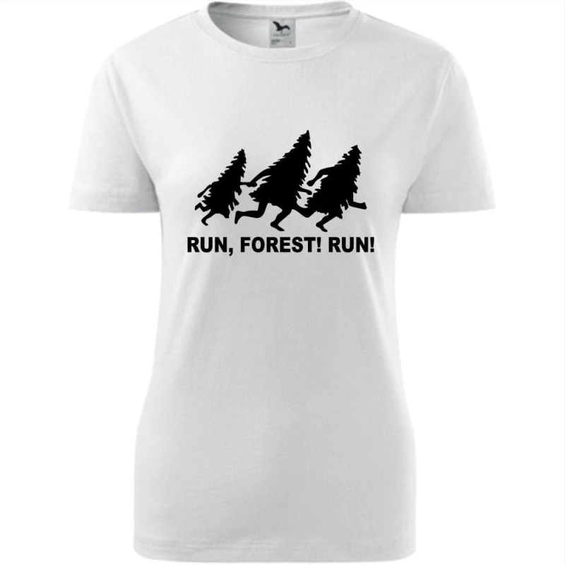 Biała Damska koszulka taliowana dla Biegaczki - Bieg 02 run forest run.