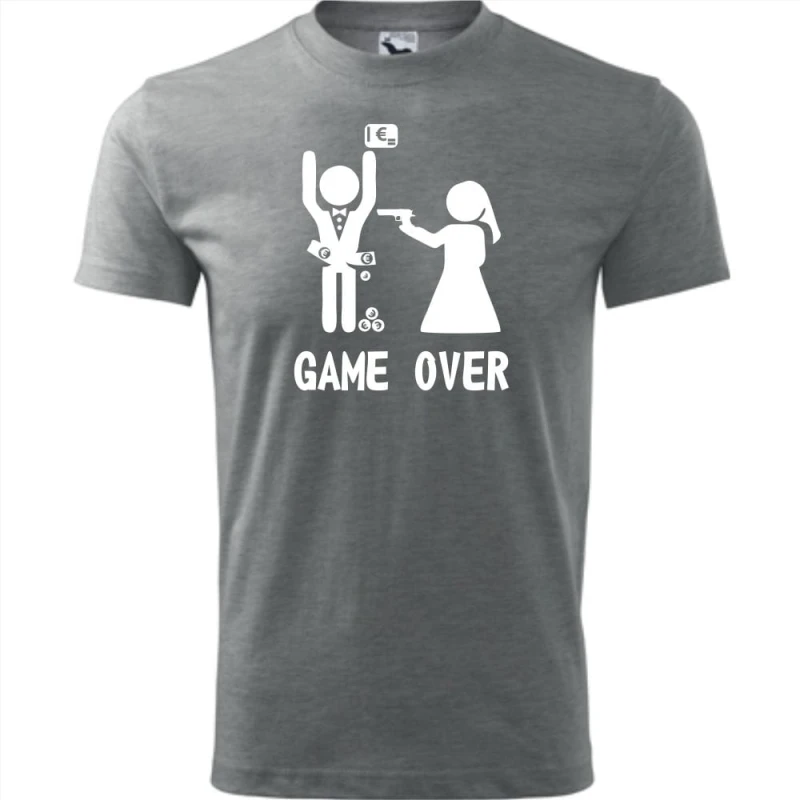 Szara Męska koszulka - Game over 07 - wieczór kawalerski prezent pan młody pistolet .Dostępne wszystkie rozmiary S, M, L, XL, XXL, XXXL, XXXXL. Zapraszamy do zakupu.