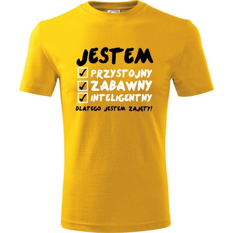Żółta Męska koszulka - Jestem Przystojny 02 - dla chłopaka. Dostępne wszystkie rozmiary S, M, L, XL, XXL, XXXL, XXXXL. Zapraszamy do zakupu.