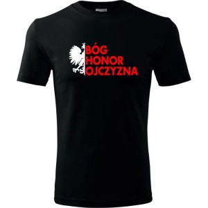 czarna Męska koszulka - Bóg Honor Ojczyzna. Dostępne wszystkie rozmiary S, M, L, XL, XXL, XXXL, XXXXL. Zapraszamy do zakupu.