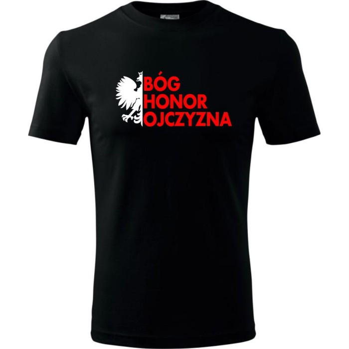 czarna Męska koszulka - Bóg Honor Ojczyzna. Dostępne wszystkie rozmiary S, M, L, XL, XXL, XXXL, XXXXL. Zapraszamy do zakupu.