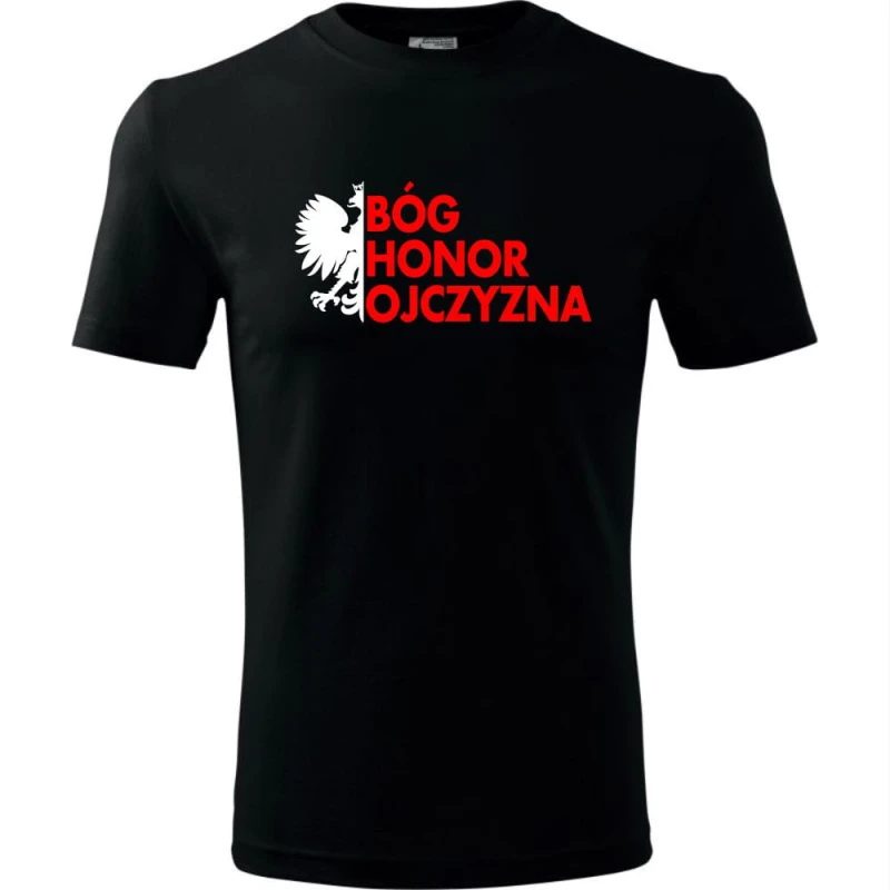 czarna Męska koszulka - Bóg Honor Ojczyzna. Dostępne wszystkie rozmiary S, M, L, XL, XXL, XXXL, XXXXL. Zapraszamy do zakupu.