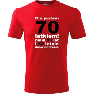 czerwona Męska koszulka - nie jestem 70 latkiem mam 18 lat i 52 letnie doświadczenie urodziny prezent. Dostępne wszystkie rozmiary S, M, L, XL, XXL, XXXL, XXXXL. Zapraszamy do zakupu.