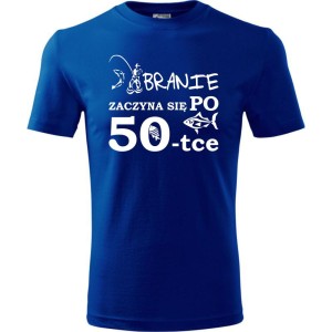 Niebieska Męska koszulka - branie zaczyna się po 50 - t-shirt na urodziny na prezent ryba.