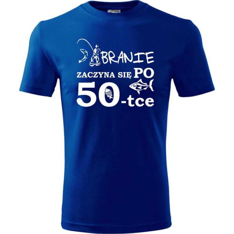 Niebieska Męska koszulka - branie zaczyna się po 50 - t-shirt na urodziny na prezent ryba.