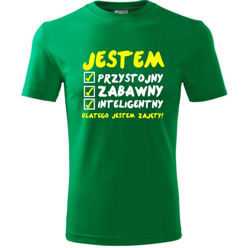 Zielona Męska koszulka - Jestem Przystojny 02 - dla chłopaka. Dostępne wszystkie rozmiary S, M, L, XL, XXL, XXXL, XXXXL. Zapraszamy do zakupu.