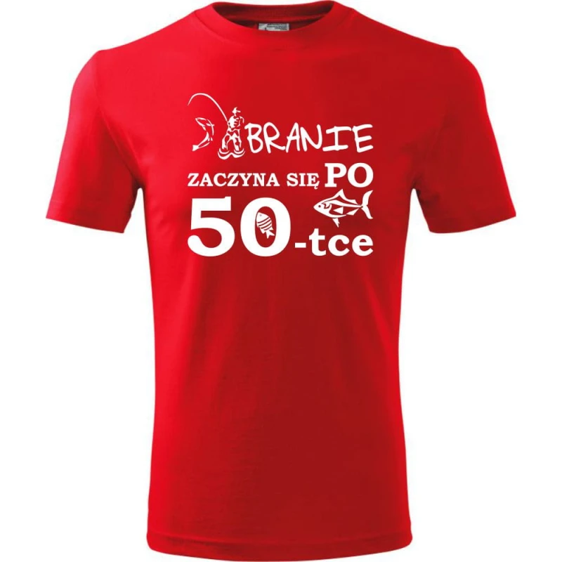 Czerwona Męska koszulka - branie zaczyna się po 50 - t-shirt na urodziny na prezent ryba.