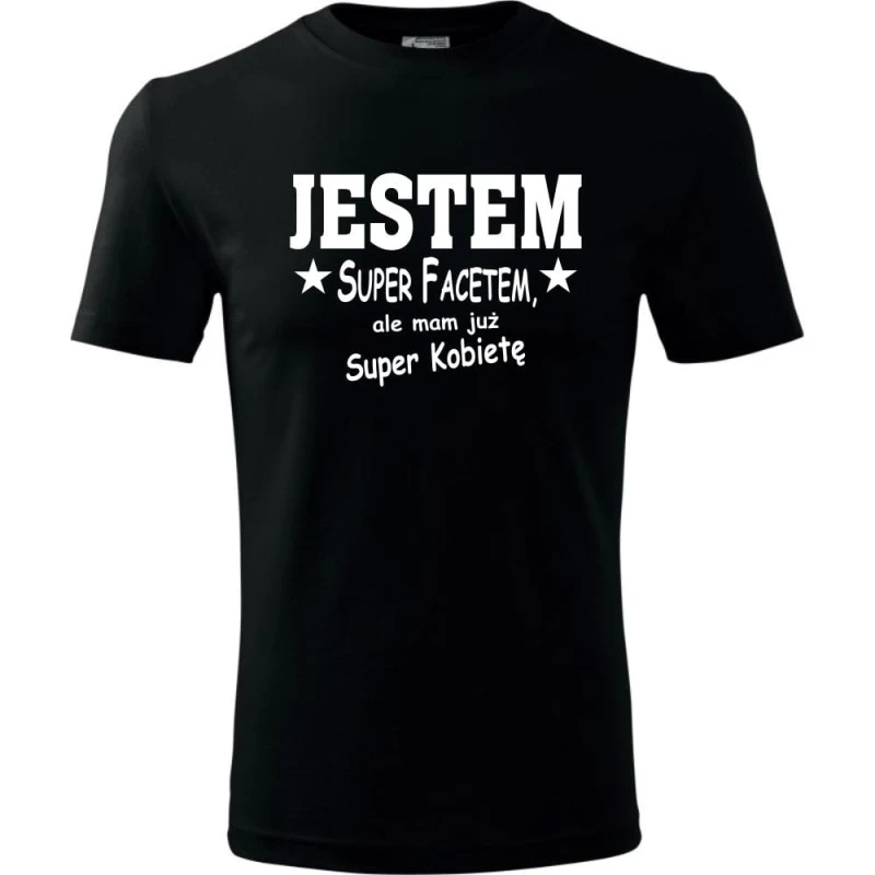 Czarna Męska koszulka - Jestem super facetem. Dostępne wszystkie rozmiary S, M, L, XL, XXL, XXXL, XXXXL. Zapraszamy do zakupu.