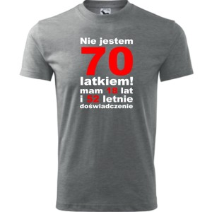 szara Męska koszulka - nie jestem 70 latkiem mam 18 lat i 52 letnie doświadczenie urodziny prezent. Dostępne wszystkie rozmiary S, M, L, XL, XXL, XXXL, XXXXL. Zapraszamy do zakupu.