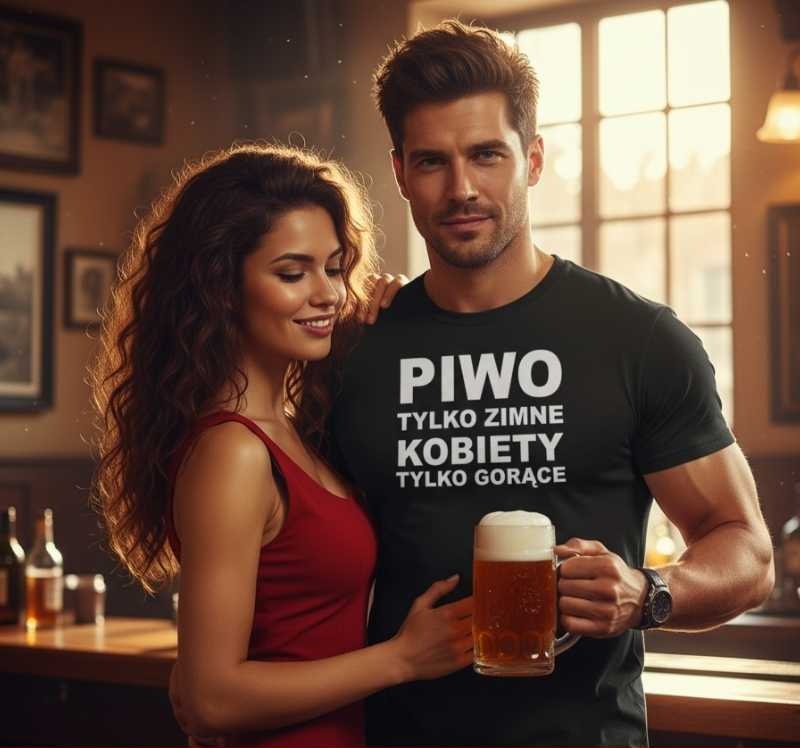 Piwo Tylko Zimne, Kobiety Tylko Gorące - Śmieszna Koszulka Męska
