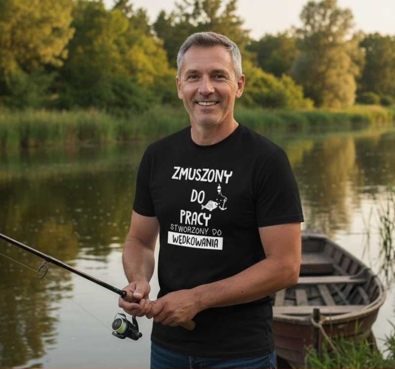 Męska koszulka dla Wędkarza - Zmuszony do pracy, stworzony do wędkowania - t-shirt prezent.jpg Dostępne wszystkie rozmiary S, M, L, XL, XXL, XXXL, XXXXL. Zapraszamy do zakupu.