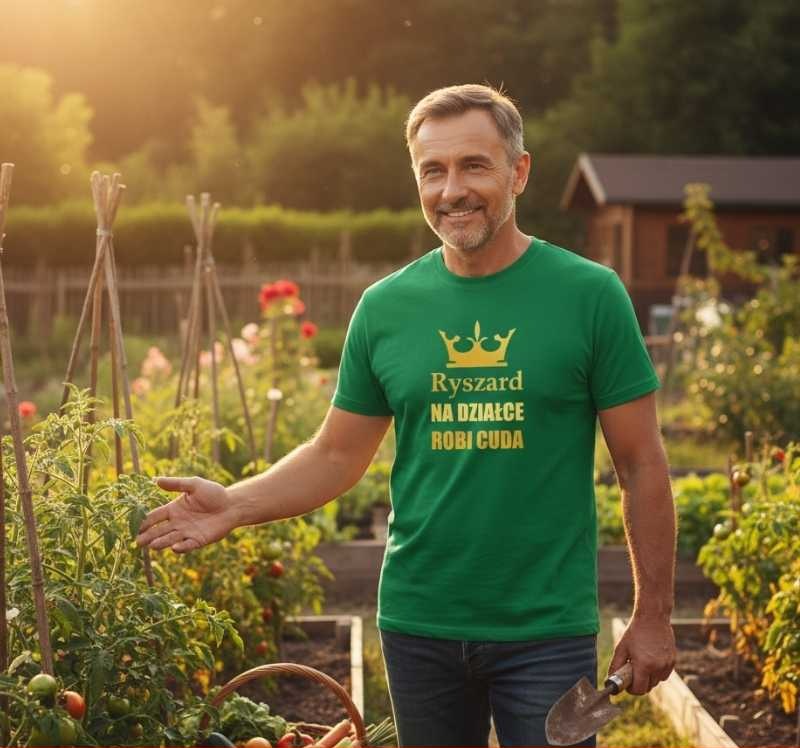 Na Działce Robi Cuda + Imię - Koszulka Męska z Napisem