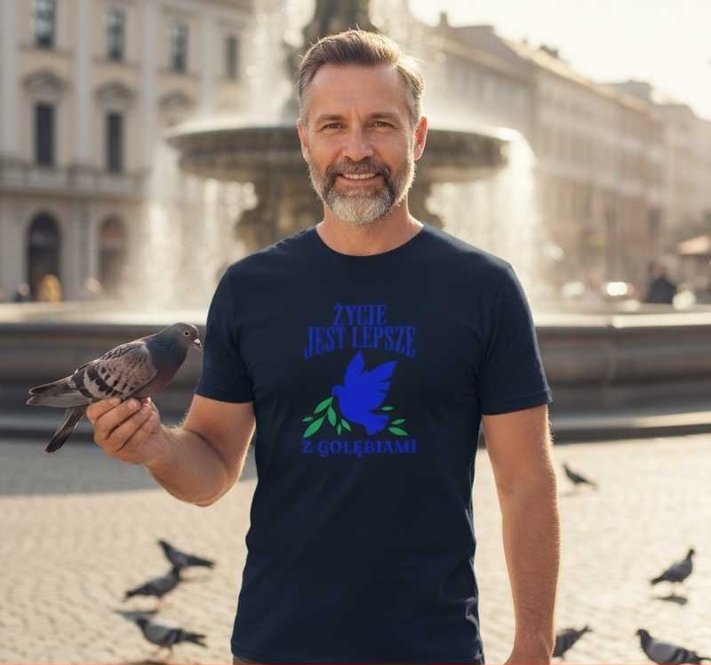 Życie Jest Lepsze z Gołębiami - Koszulka Męska z Napisem