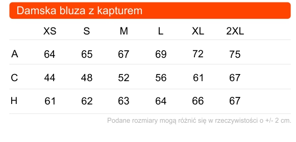Tabela rozmiarów damskiej bluzy z kapturem