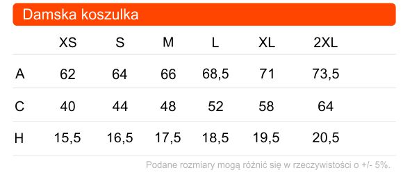 Tabela rozmiarów damskiej koszulki