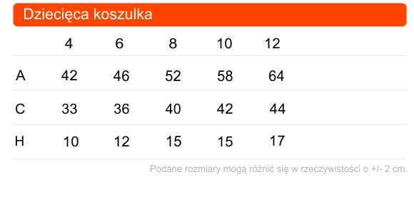 Tabela rozmiarów dziecięcej koszulki