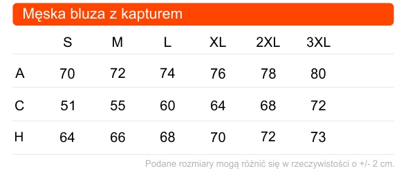 Tabela rozmiarów męskiej bluzy z kapturem