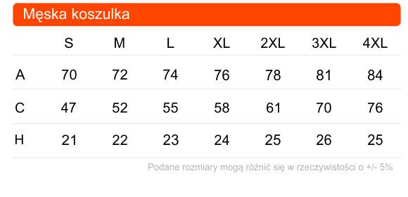 Tabela rozmiarów męskiej koszulki