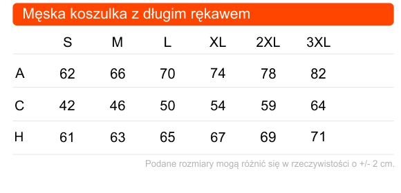 Tabela rozmiarów męskiej koszulki z długim rękawem